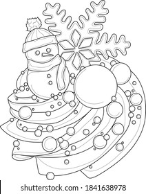 Realistic snowman in snow with snowflake sketch template. Vector cartoon illustration in black and white for games, background, pattern, decor. Coloring paper, page, story book. Print for fabrics 