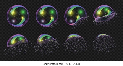 Realistic Soap Bubble Burst Explosion Animation Sequence. 3d Water Foam Sphere With Reflection Texture. Bubble Explode Motion Vector Frames. Glossy Shampoo Destroying Balls Or Balloons