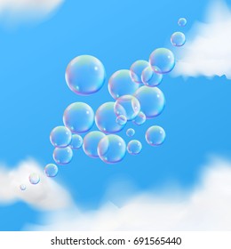 Realistic soap bubble in the clouded sky. Vector illustration.