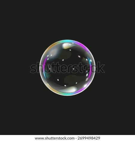 Realistic soap bubble with colorful reflections on black background. Glossy transparent sphere for design, beauty, purity, air, or abstract concept.
