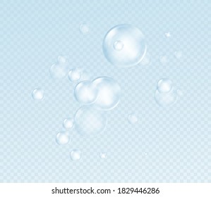 Burbuja de jabón realista aislada en un contexto transparente. Verdadero efecto de transparencia. Se colocan burbujas de espuma de agua. Ilustración del vector EPS10