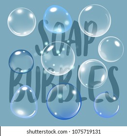 Realistic soap bubble on blue background with text. vector soap bubble illustration. Soap Bubble set. Vector illustration