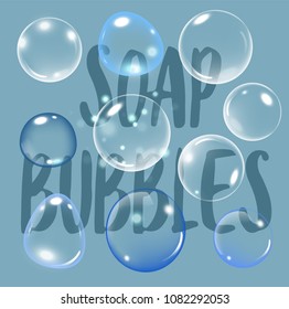 Realistic soap bubble on blue background with text. vector soap bubble illustration. Soap Bubble set. Vector illustration