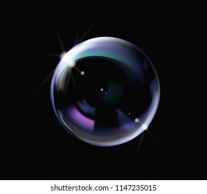 Realistic soap bubble with rainbow colors on black background. Soap Bubble with glares. Bubble illustration vector.