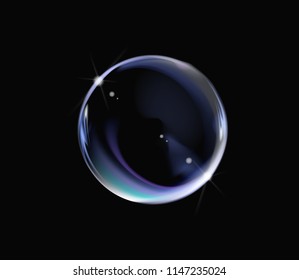 Realistic soap bubble with rainbow colors on black background. Soap Bubble with glares. Bubble illustration vector.