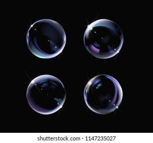 Realistic soap bubble with rainbow colors on black background. Soap Bubble set with glares. Bubbles illustration vector.