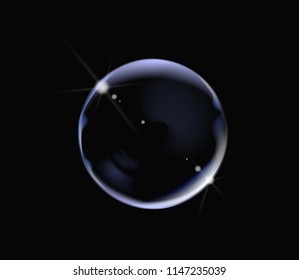 Realistic soap bubble with rainbow colors on black background. Soap Bubble with glares. Bubble illustration vector.