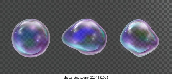 Realistic soap bubble with rainbow colors isolated on black background.Transparent soap bubble set.