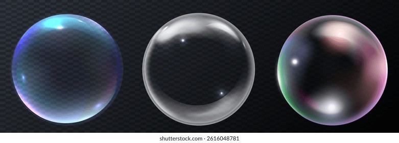 Realistic soap bubble with rainbow colors on black background. vector soap bubble illustration. Soap Bubble set. Object on a white background, Vector illustration