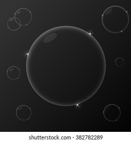 Realistic soap bubble with rainbow colors. Water soap bubble on black background. vector soap bubble illustration. Realistic Soap Bubble set. Soap bubble background. Transparent soap bubble.