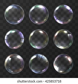 Realistic soap bubble with rainbow colors on black background. vector soap bubble illustration. Soap Bubble set. Object on a white background, Vector illustration