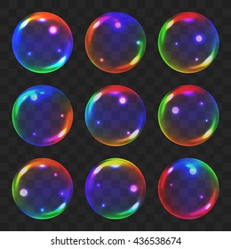 Realistic Soap Bubble with Rainbow Colors. Nine Colorful Water Soap Bubbles on Black Transparent Background. Isolated Vector Soap Bubble Illustration. Realistic Rainbow Bubbles Set.