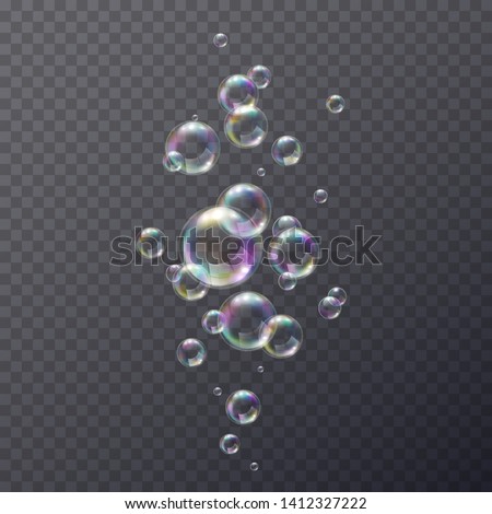 Realistic soap bubble with rainbow colors isolated on transparent background. Vector water foam bubbles set. Colorful iridescent glass ball or sphere template.