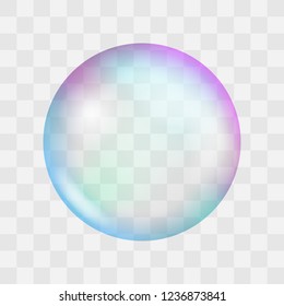 Realistic soap bubble with rainbow reflection and highlights. Vector illustration.