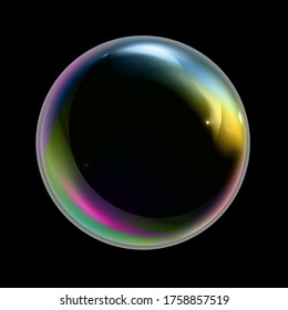 Realistic soap bubble with rainbow reflection on black background. Vector water foam bubble. Colorful iridescent glass sphere.