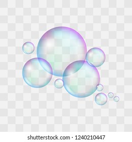 Realistic soap bubble set with rainbow reflection and highlights. Vector illustration.
