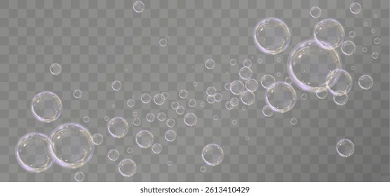 Realistic soap bubble vector illustration featuring a transparent, three-dimensional glossy ball. Clean and colourful with a rainbow shine, perfect for backgrounds, beauty products, or PNG overlays.	