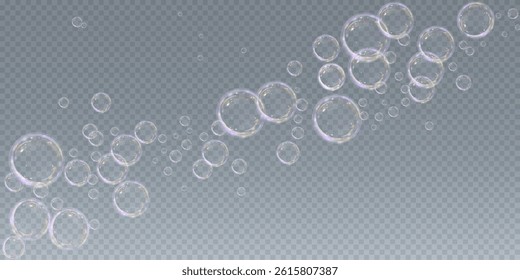 Realistic soap bubble vector illustration featuring a transparent, three-dimensional glossy ball. Clean and colourful with a rainbow shine, perfect for backgrounds, beauty products, or PNG overlays.	