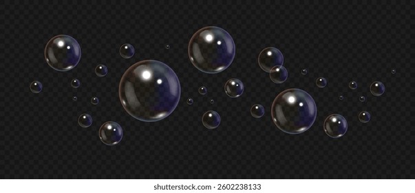 Realistic soap bubbles. 3D transparent flying air foam spheric bubbles with reflection isolated set. Vector detergent concept.