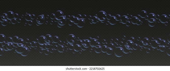 Realistic soap bubbles borders, seamless bath lather, blue iridescent shampoo foam isolated on a dark background. Vector illustration.