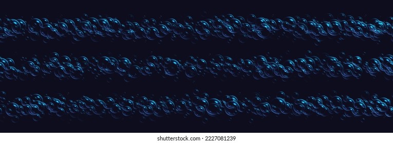 Realistic soap bubbles borders, seamless bath lather, blue iridescent shampoo foam isolated on a dark background. Vector illustration.