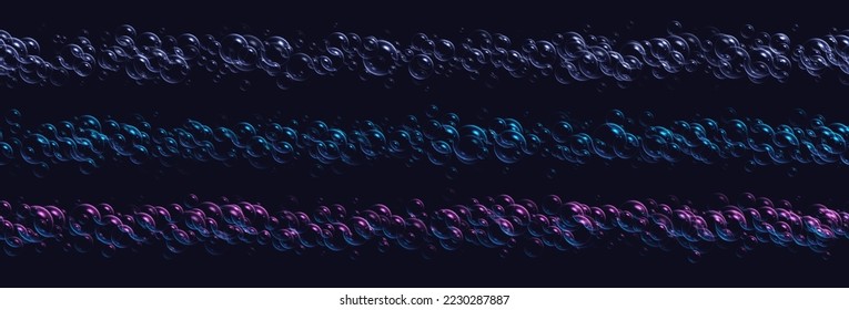 Las burbujas de jabón realistas bordean, bañan sin costura, espuma de champú irridiscente colorida aislada en un fondo oscuro. Ilustración vectorial.