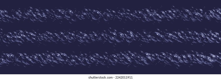 Realistic soap bubbles borders, seamless bath lather, white iridescent shampoo foam isolated on a dark background. Vector illustration.