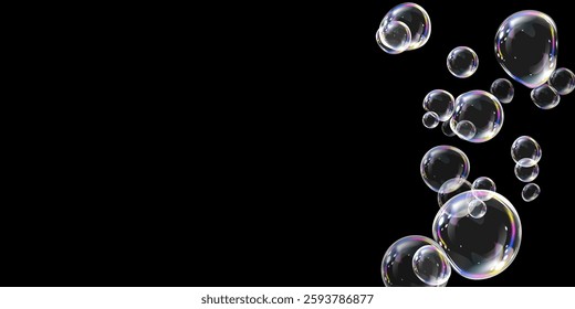 Realistic soap bubbles floating on a black background, reflecting iridescent rainbow light. Shiny, transparent, and glossy spheres create a dreamy, futuristic, and elegant visual effect.