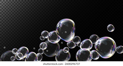 Realistic soap bubbles floating on a black background, reflecting iridescent rainbow light. Shiny, transparent, and glossy spheres create a dreamy, futuristic, and elegant visual effect.