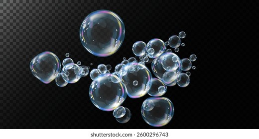 Realistic soap bubbles floating on a black background, reflecting iridescent rainbow light. Shiny, transparent, and glossy spheres create a dreamy, futuristic, and elegant visual effect.