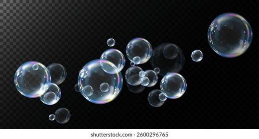 Realistic soap bubbles floating on a black background, reflecting iridescent rainbow light. Shiny, transparent, and glossy spheres create a dreamy, futuristic, and elegant visual effect.