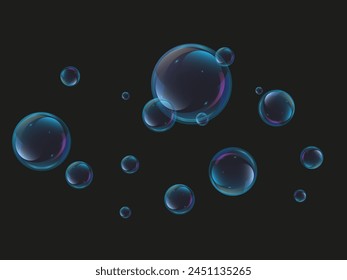 Realistic soap bubbles. Flying bright colorful bubbles