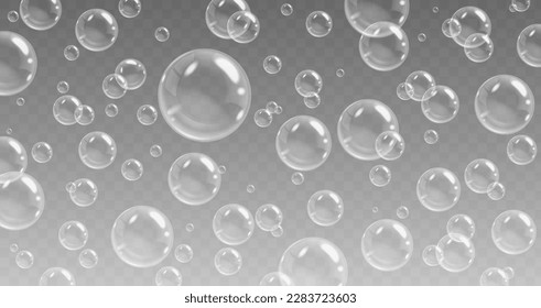 Realistic soap bubbles, flying bubble transparent. 3d detergent soapy elements with reflection. Clean and wash, water balls pithy vector background