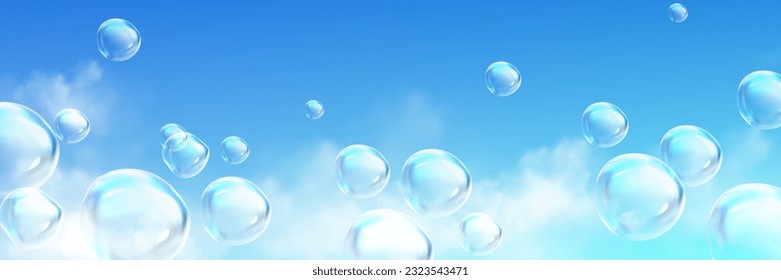 Realistic soap bubbles flying high in blue sky with fluffy white clouds. Vector illustration of transparent balls floating in air, laundry foam balls with glossy surface. Symbol of freedom, happiness