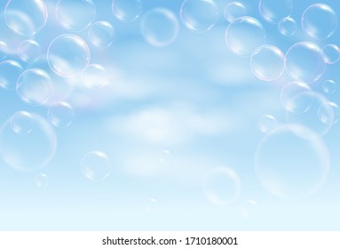 Realistic soap bubbles flying on the blue background with clouds. Vector illustration.