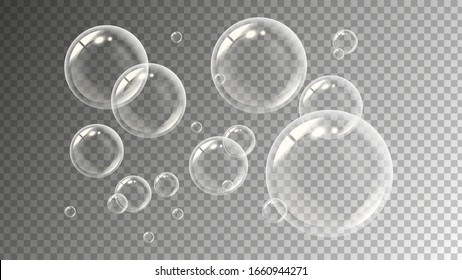 Realistic soap bubbles. Flying transparent water drops. Liquid spheres vector illustration