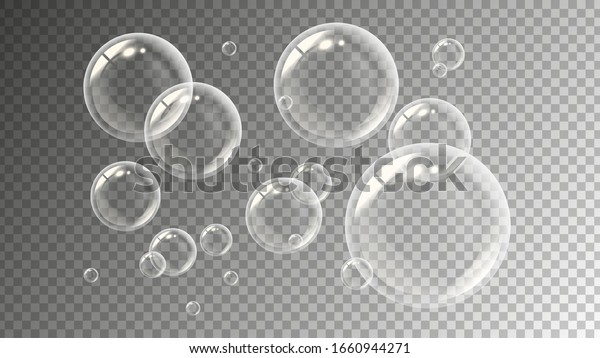 Realistic soap bubbles. Flying transparent\
water drops. Liquid spheres vector\
illustration