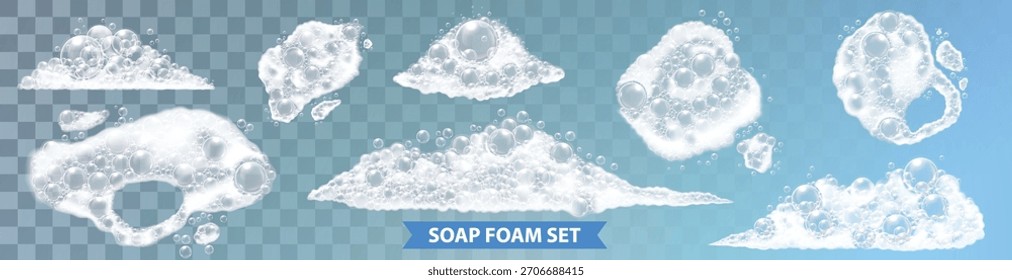 Realistic soap bubbles and foam on a transparent background, perfect for hygiene, cleaning, and bath designs. Vector illustration.