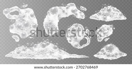 Realistic soap bubbles and foam on transparent background, perfect for cleaning, hygiene, and bath-themed designs. Vector illustration.