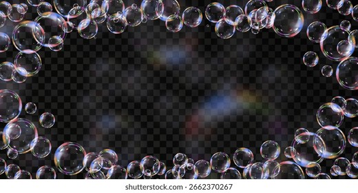 Burbujas de jabón realistas en forma de marco con el resplandor del arco iris en un fondo transparente oscuro.