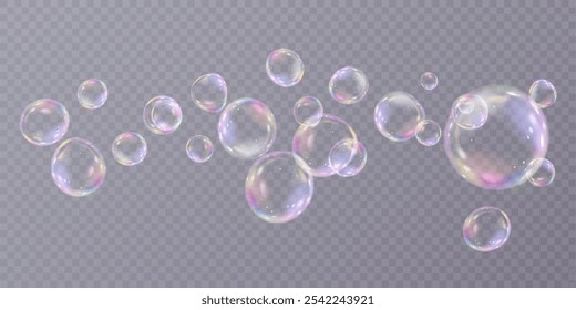 Realistic soap bubbles with iridescent reflection and highlights. On a transparent background.	
