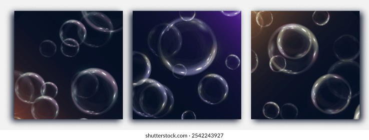 Realistische Seifenblasen mit irisierender Reflexion und Highlights. Auf transparentem Hintergrund.	
