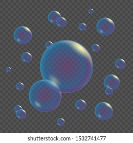 Realistic soap bubbles isolated on transparent background. Vector illustration