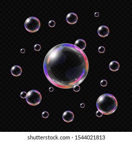 Realistic soap bubbles isolated on transparent background. Vector illustration