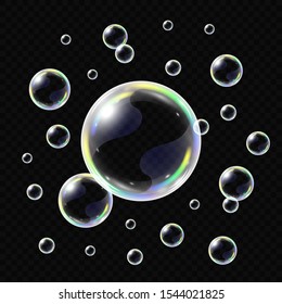 Realistic soap bubbles isolated on transparent background. Vector illustration