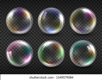 Realistic soap bubbles isolated on transparent background. Vector water foam bubbles