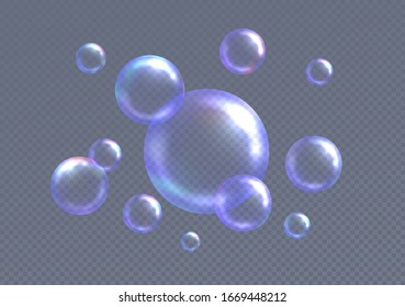 Realistic soap bubbles isolated on gray transparent background. Vector illustration EPS10