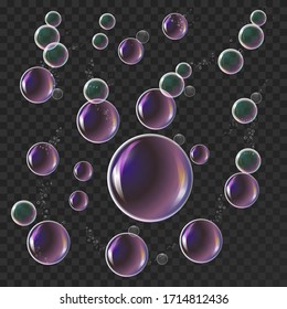 Realistic soap bubbles  isolated on transparent background. Vector water foam bubbles. Colorful iridescent glass sphere.Flying transparent soap bubbles .Reaistic colored balls