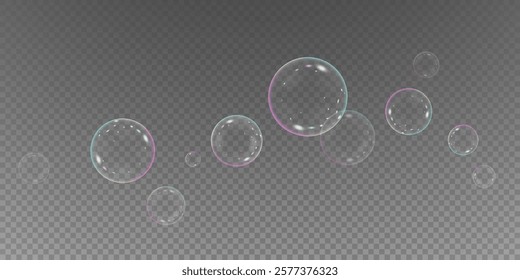 Realistic soap bubbles isolated on transparent background. Flying bubbles effect, vector png. Beautiful soap bubbles.