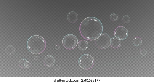 Realistic soap bubbles isolated on transparent background. Flying bubbles effect, vector png. Beautiful soap bubbles.